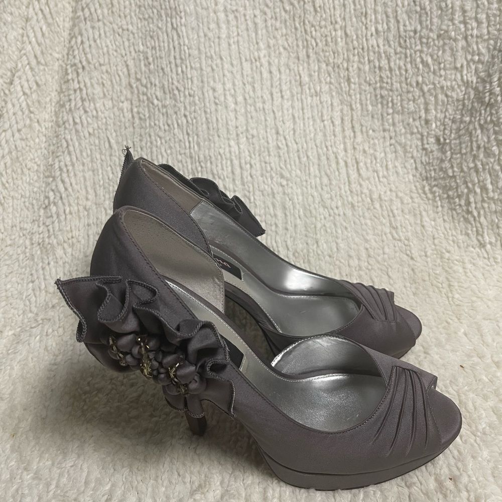 Nina Elegant Satin dark Gray Heels peep toe with side Ruffle Detail SZ10